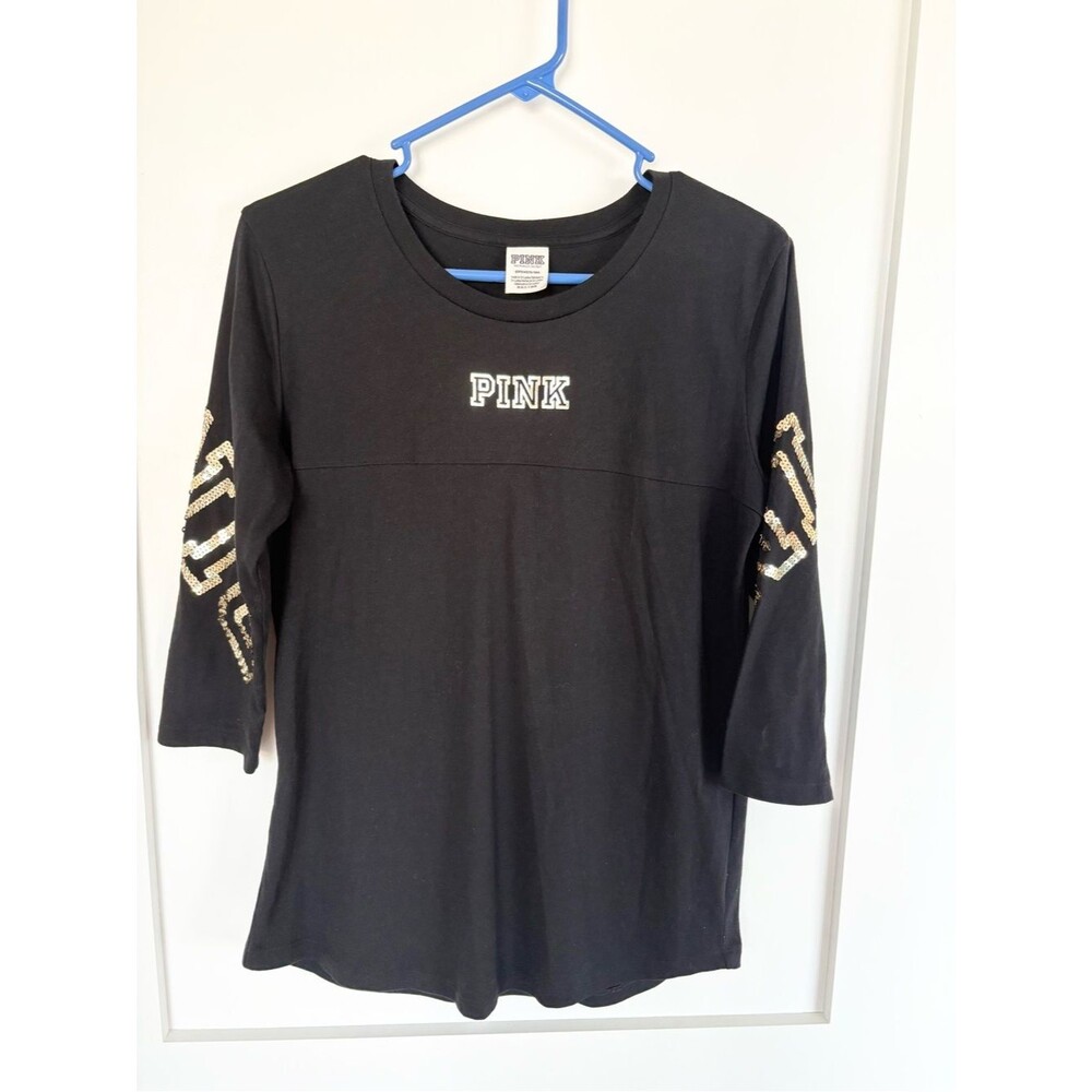 PINK Victoria’s Secret Black 3/4 Sleeve Tee Gold Sequin Logo Top Size S